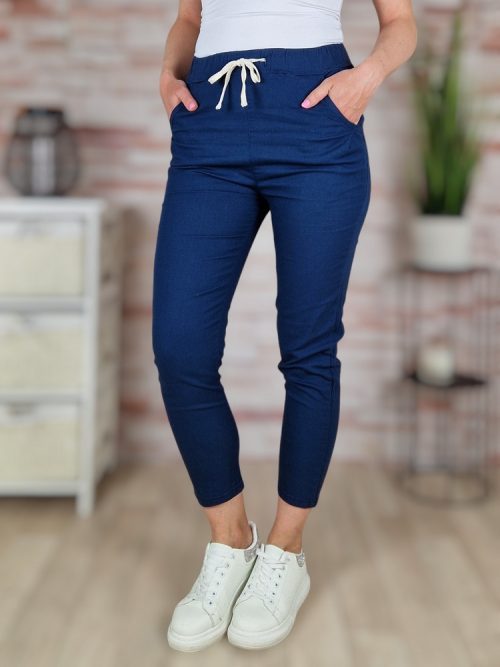 Gumis derekú, len anyagú, sötétkék nadrág S-M,M-L,L-XL,XL-XXL