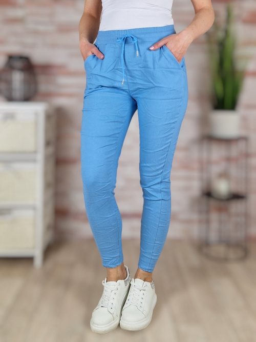 Gumis derekú, megkötős, gyűrt fazonú, világoskék nadrág XS-S,S-M,M-L,L-XL