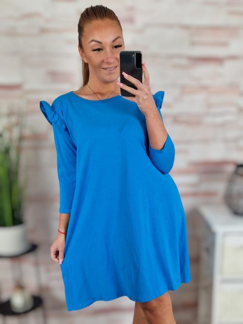 A vonalú, 3/4-es ujjú, vállnál fodros ruha M-L