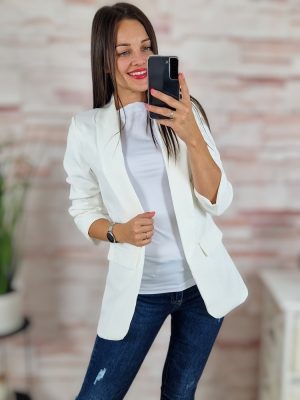   Karcsúsított, húzott ujjú, válltöméses fehér blézer S-XL-ig