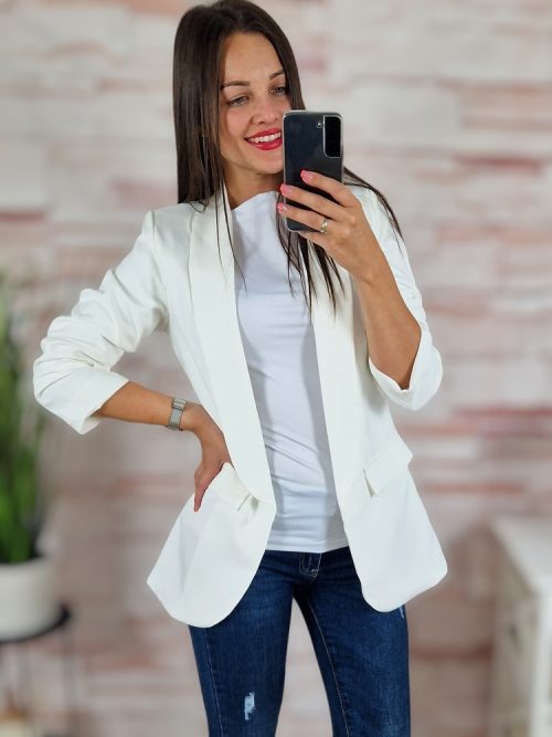 Karcsúsított, húzott ujjú, válltöméses fehér blézer S-XL-ig