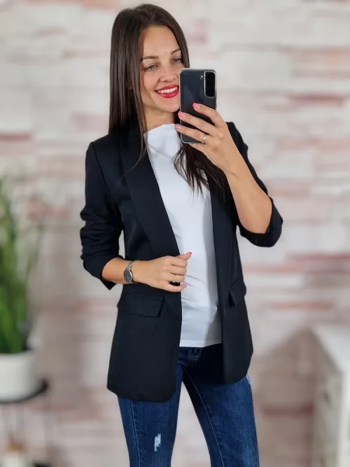 Karcsúsított, húzott ujjú, válltöméses, fekete blézer S-XL-ig