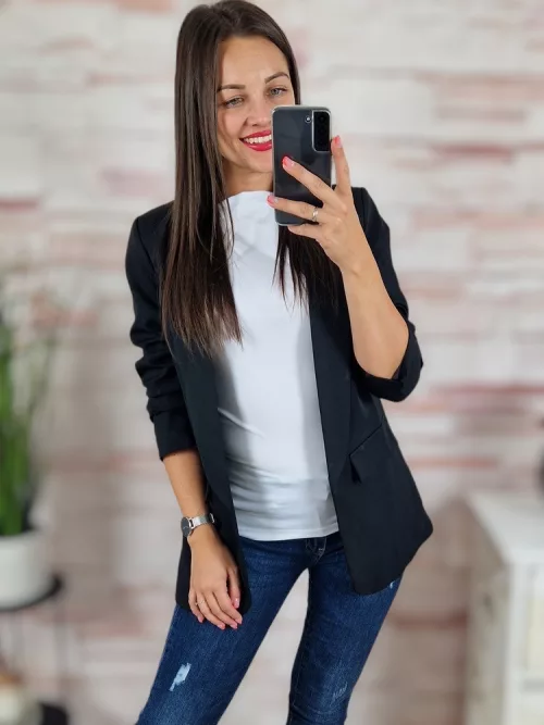 Karcsúsított, húzott ujjú, válltöméses, fekete blézer S-XL-ig