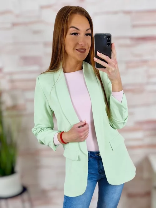 Karcsúsított, húzott ujjú, válltöméses, világoszöld blézer S-XL-ig