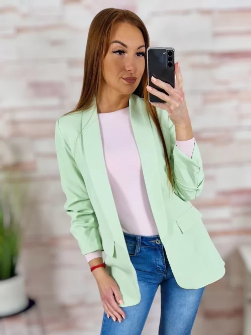 Karcsúsított, húzott ujjú, válltöméses, világoszöld blézer S-XL-ig