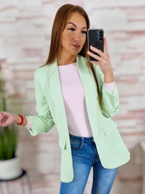 Karcsúsított, húzott ujjú, válltöméses, világoszöld blézer S-XL-ig