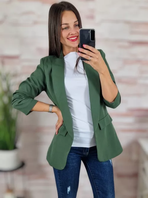 Karcsúsított, húzott ujjú, válltöméses, khaki blézer S-XL-ig