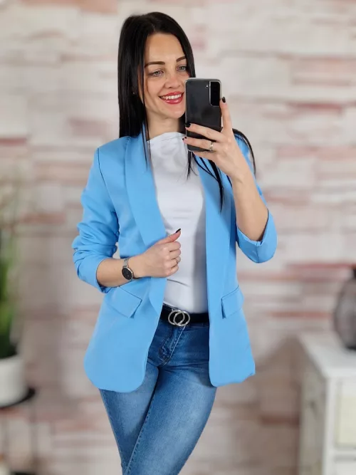 Karcsúsított, húzott ujjú, világoskék blézer S-XL-ig