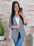Karcsúsított, húzott ujjú, válltöméses, sötétszürke blézer S-XL-ig