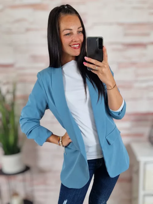 Karcsúsított, húzott ujjú, farmerkék blézer S-XL-ig