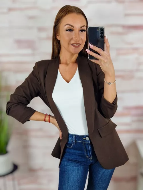 Karcsúsított, húzott ujjú, válltöméses csokibarna blézer S-XL-ig