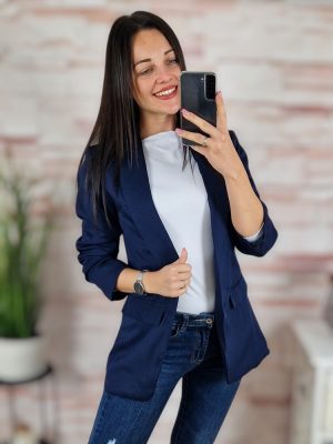   Karcsúsított, húzott ujjú, válltöméses, sötétkék blézer S-XL-ig