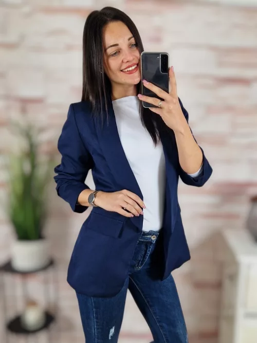Karcsúsított, húzott ujjú, válltöméses, sötétkék blézer S-XL-ig