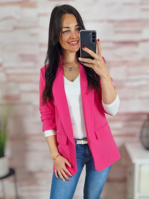 Karcsúsított, húzott ujjú, válltöméses, pink blézer S-XL-ig