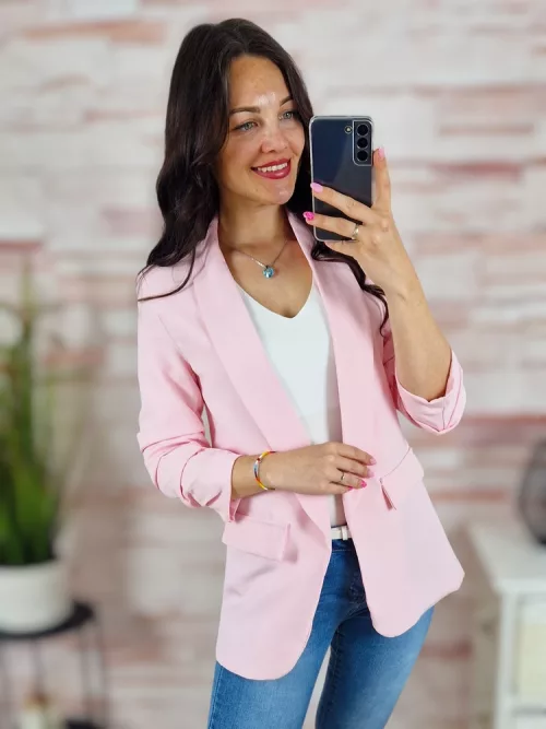 Karcsúsított, húzott ujjú, babarózsaszín blézer S-XL-ig