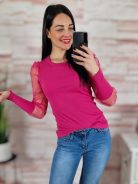 Tüllös ujjú, bordázott anyagú felső S-M