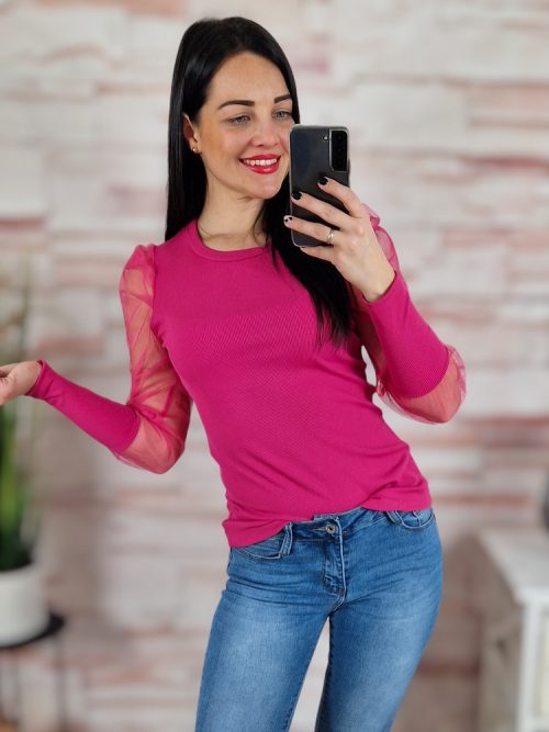 Tüllös ujjú, bordázott anyagú felső S-M