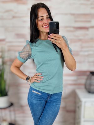   Pöttyös, tüllös és rövid ujjú, bordázott anyagú felső XS-S-M