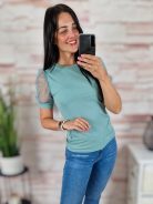 Pöttyös, tüllös és rövid ujjú, bordázott anyagú felső XS-S-M