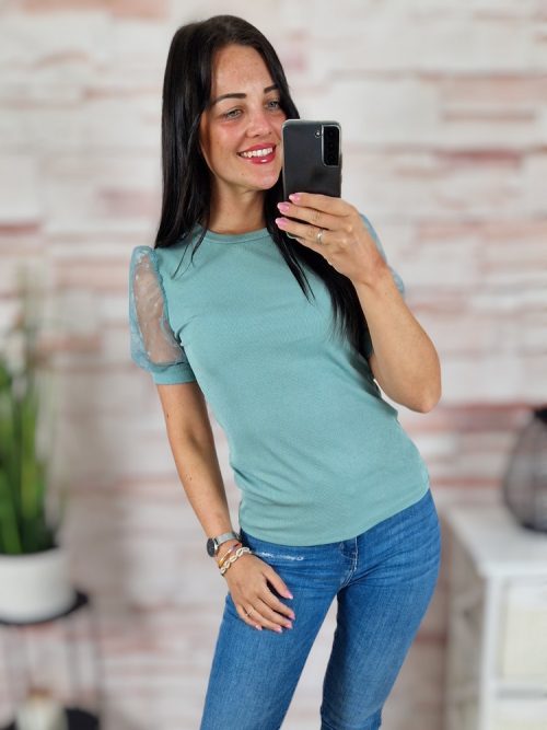 Pöttyös, tüllös és rövid ujjú, bordázott anyagú felső XS-S-M