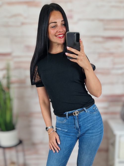 Pöttyös, tüllös és rövid ujjú, bordázott anyagú felső XS-S-M