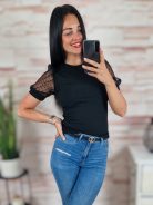 Pöttyös, tüllös és rövid ujjú, bordázott anyagú felső XS-S-M