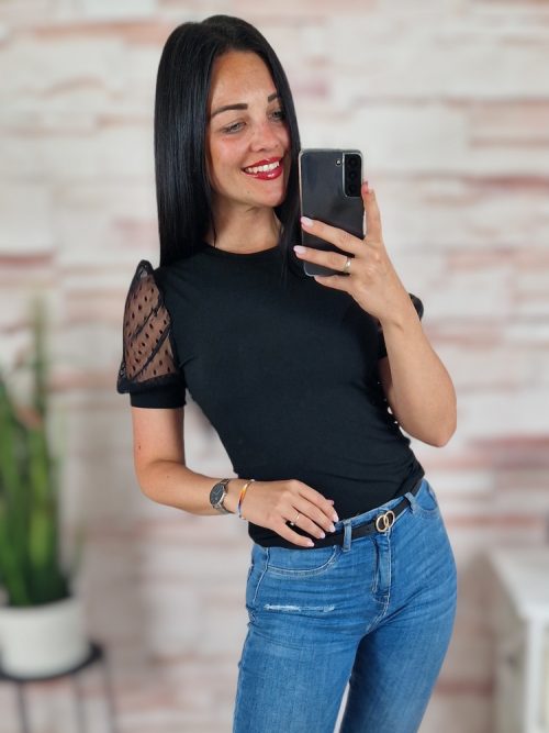 Pöttyös, tüllös és rövid ujjú, bordázott anyagú felső XS-S-M