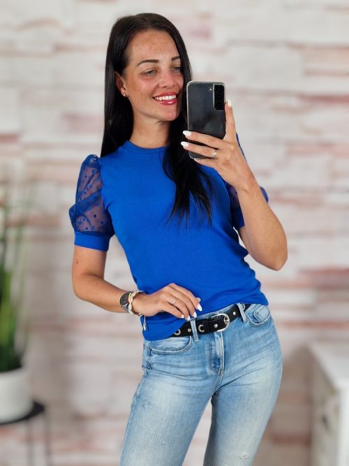 Pöttyös, tüllös és rövid ujjú, bordázott anyagú felső XS-S-M