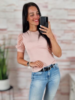   Pöttyös, tüllös és rövid ujjú, bordázott anyagú felső XS-S-M