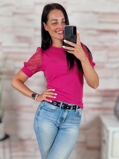 Pöttyös, tüllös és rövid ujjú, bordázott anyagú felső XS-S-M