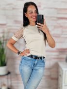 Pöttyös, tüllös és rövid ujjú, bordázott anyagú felső XS-S-M