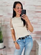 Pöttyös, tüllös és rövid ujjú, bordázott anyagú felső XS-S-M