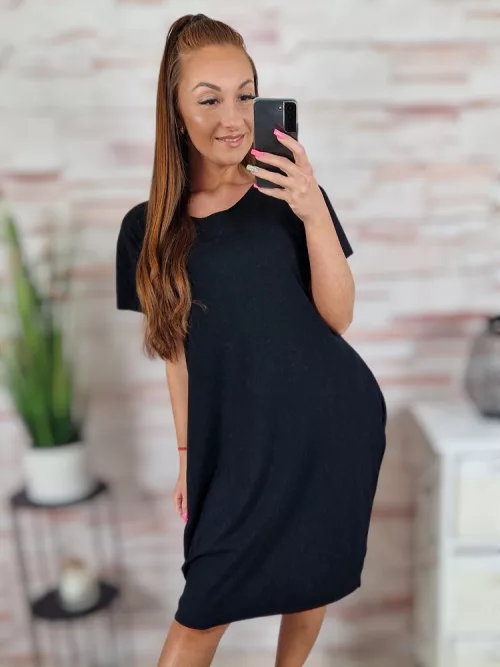 Lézervágott, rövid ujjú, fekete pamut ruha XL-XXL