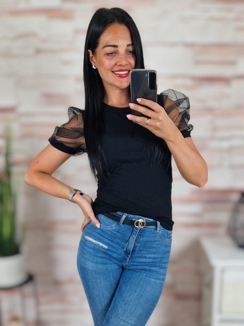 Tüllös és rövid ujjú, bordázott anyagú felső XS-S-M