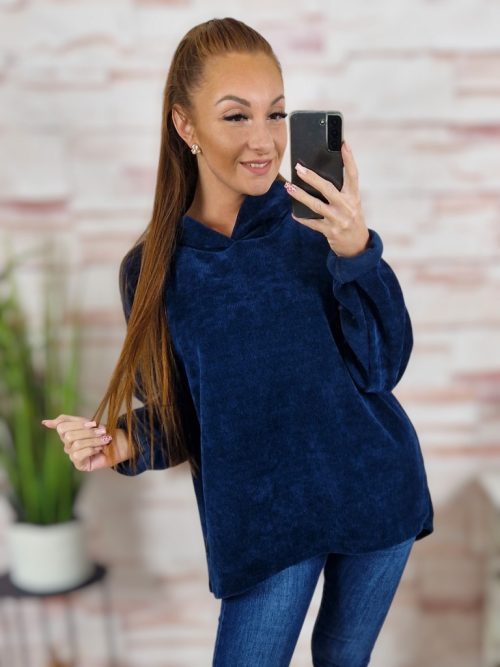 Kapucnis, hátul hosszított, bársonyos anyagú pulóver L-XL