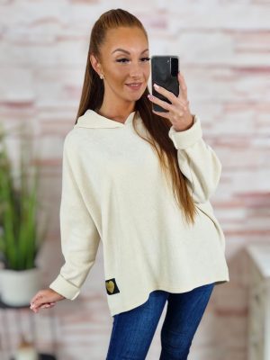   Kapucnis, hátul hosszított, bársonyos anyagú pulóver L-XL