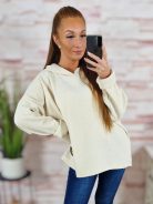 Kapucnis, hátul hosszított, bársonyos anyagú pulóver L-XL