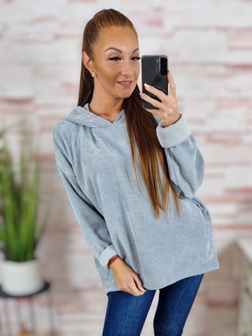 Kapucnis, hátul hosszított, bársonyos anyagú pulóver L-XL