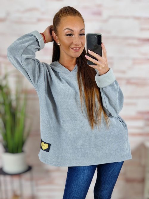 Kapucnis, hátul hosszított, bársonyos anyagú pulóver L-XL