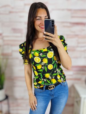   Virágmintás, puffos és rövid ujjú, bordázott anyagú felső S-M