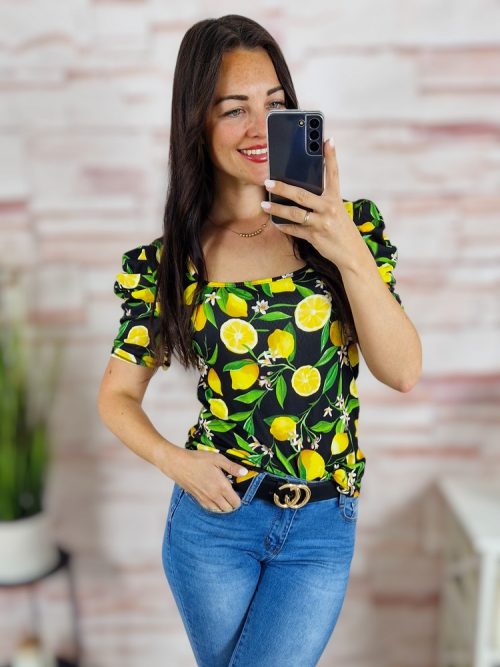 Virágmintás, puffos és rövid ujjú, bordázott anyagú felső S-M