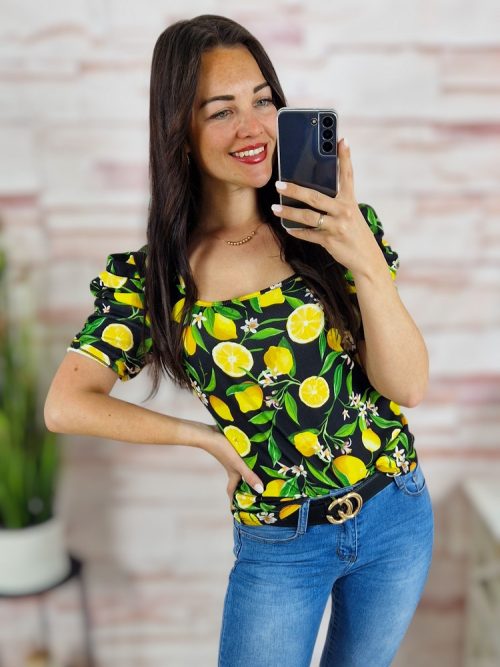 Virágmintás, puffos és rövid ujjú, bordázott anyagú felső S-M