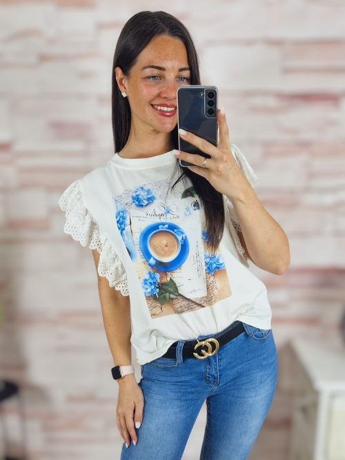 Mintás, madeira csipkés, ujjatlan felső S-M