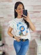 Mintás, madeira csipkés, ujjatlan felső S-M