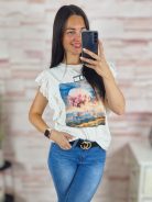 Mintás, madeira csipkés, ujjatlan felső S-M