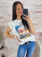 Mintás, madeira csipkés, ujjatlan felső S-M