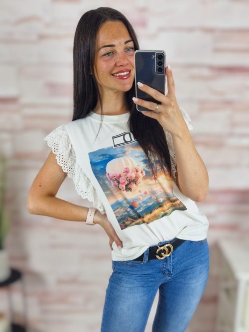 Mintás, madeira csipkés, ujjatlan felső S-M