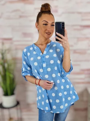 Pöttyös, roll-up ujjú, len anyagú felső L-XL