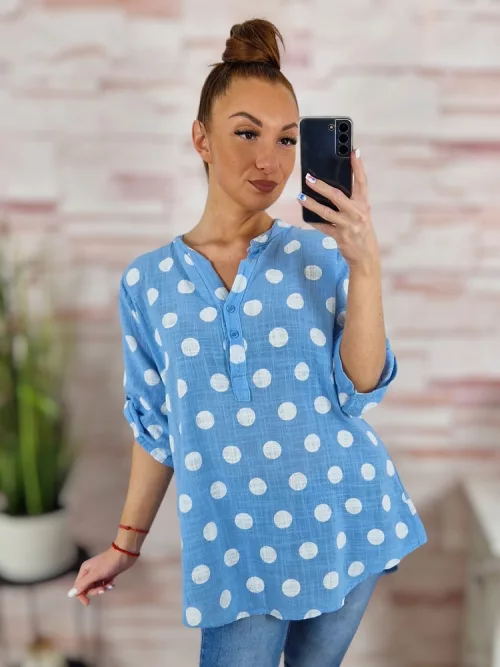 Pöttyös, roll-up ujjú, len anyagú felső L-XL