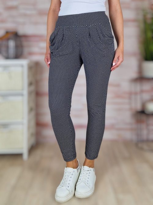 Apró pöttyös, zsebes, gumis derekú, fekete nadrág S-M,L-XL